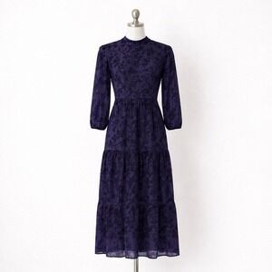 Maison Tara Dress Size 6 Dark Blue Burnout Velvet Maxi Mock Neck Tiered Gothic